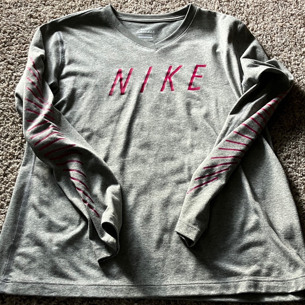 Nike Youth Heather Gray Shirt with Pink Stripes